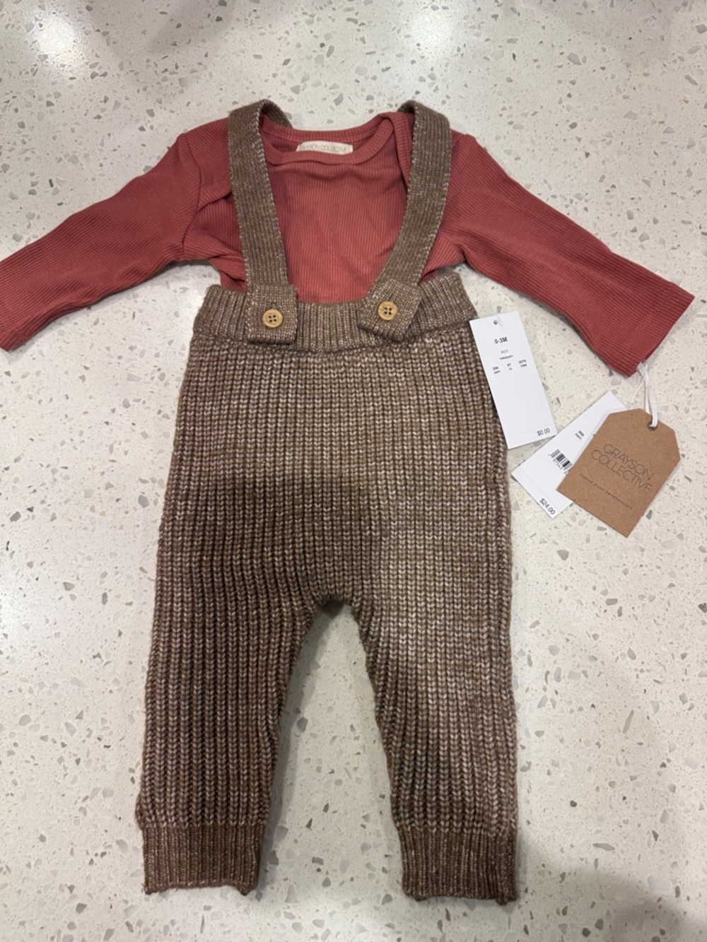 Rust Ribbed Bodysuit with Brown Knit Suspender Pants